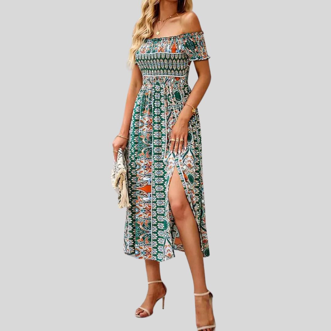 Aurora - Maxivestido boho con hombros al descubierto y volantes