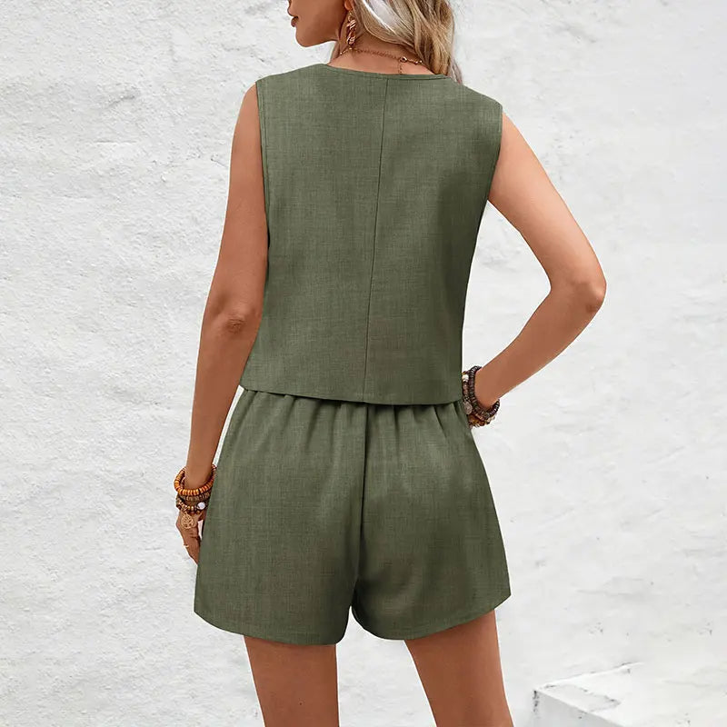 Conjunto mujer chaleco elegante y shorts de cintura alta color liso - Camila