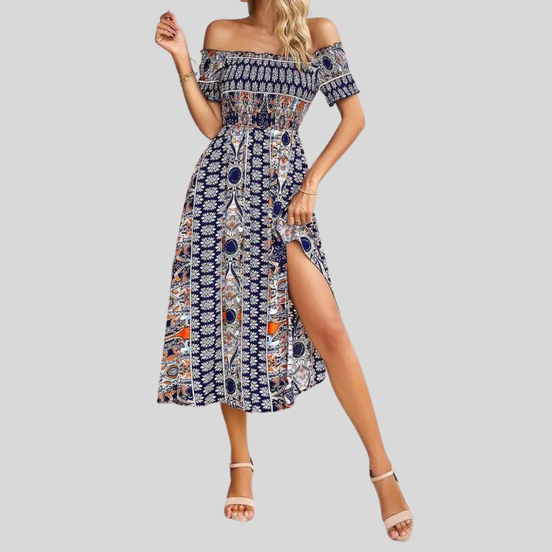 Aurora - Maxivestido boho con hombros al descubierto y volantes