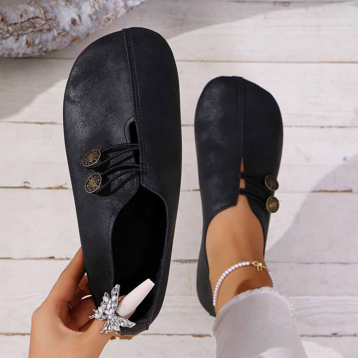 Zapatos planos para mujer ante suave con diseño artesanal - Teresa