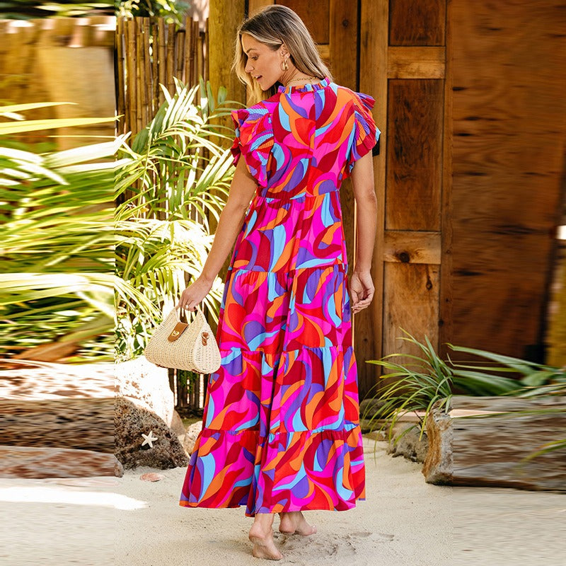 Vestido largo para mujer de estampado fluido con volantes - Adriana