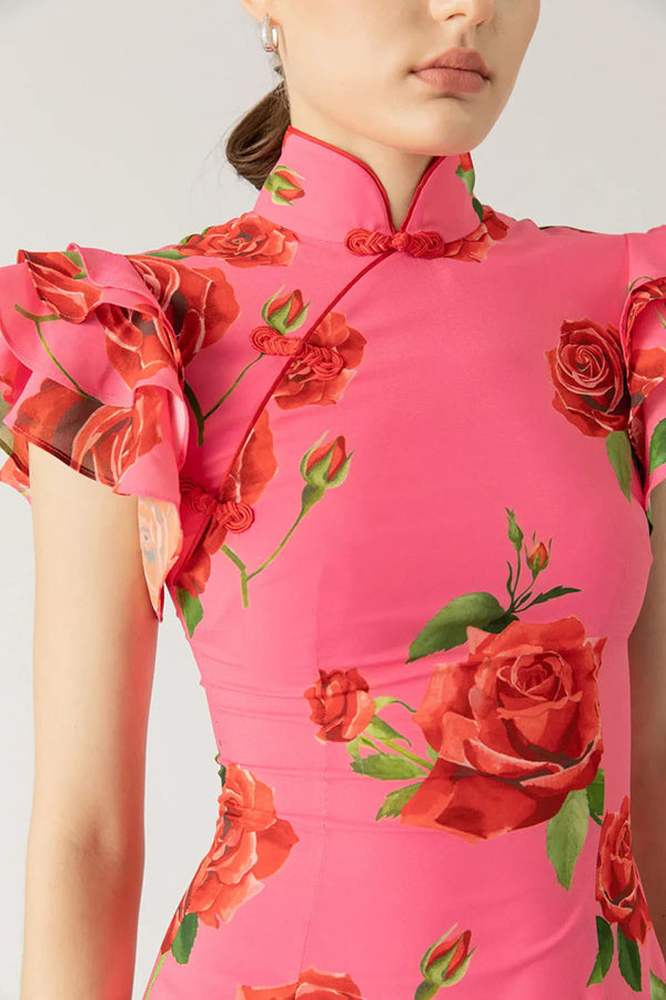 Elena - Vestido Largo con Mangas Acampanadas y Estampado Floral de Rosas