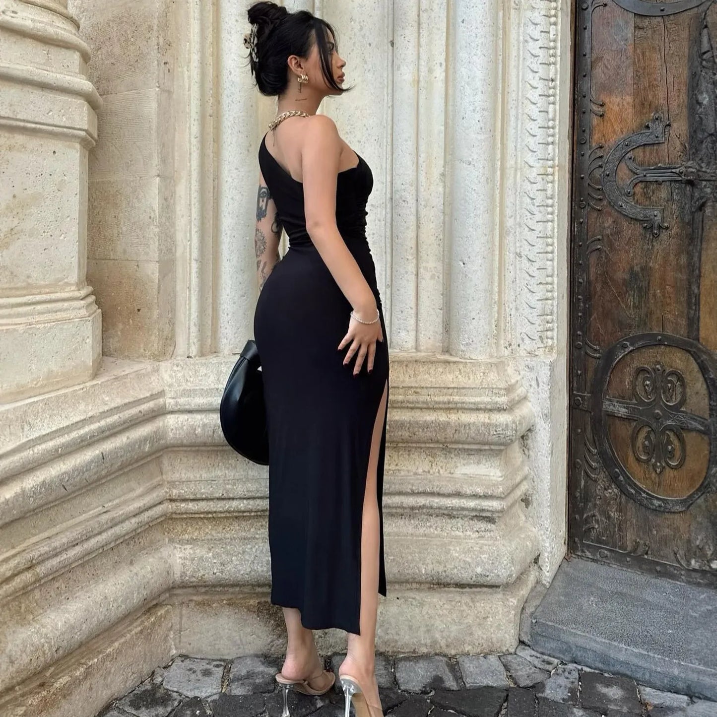 Vestido mujer elegante sin mangas abertura lateral negro - Alessia