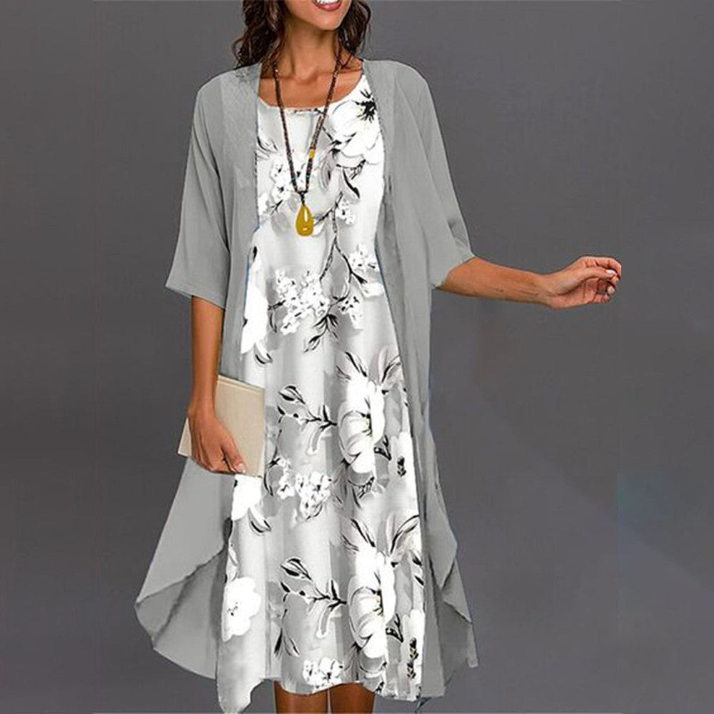 Mila - Vestido midi con estampado gris y abrigo