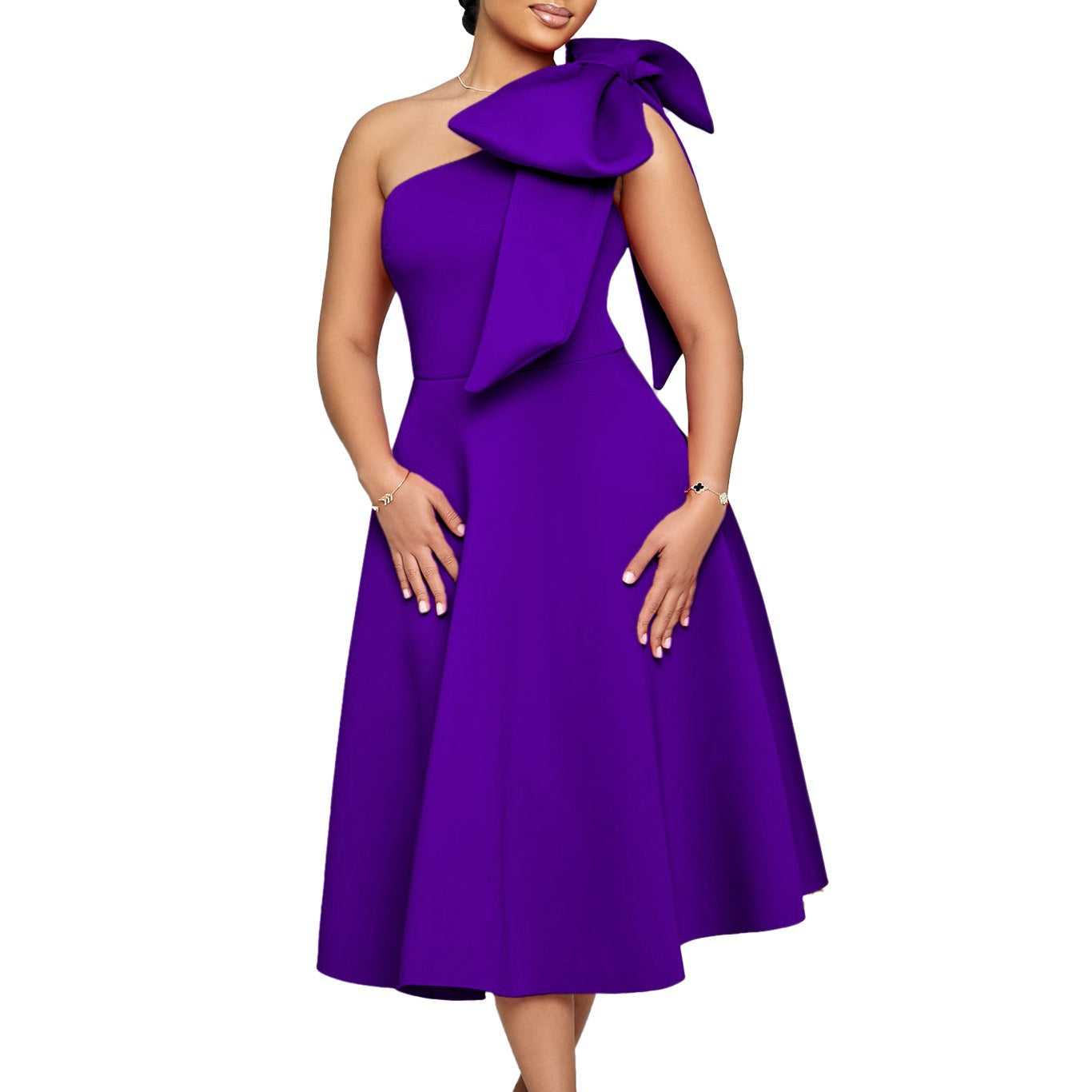 Vestido midi mujer con lazo en un hombro estilo elegante - Mireya