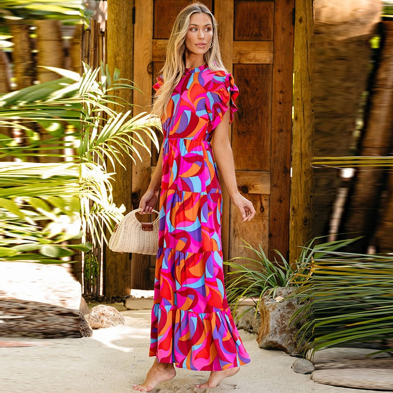 Vestido largo para mujer de estampado fluido con volantes - Adriana