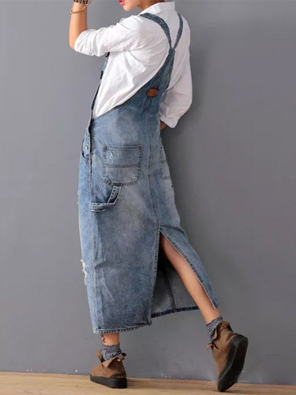 Vestido con peto en denim desgastado con abertura en la espalda - Lara
