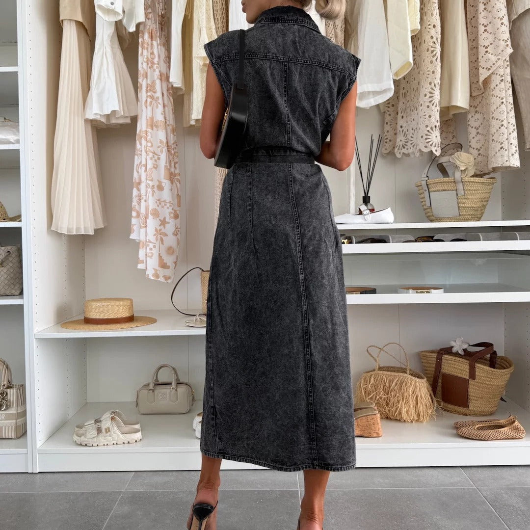 Vestido midi mujer denim sin mangas con botones y cinturón - Estelle