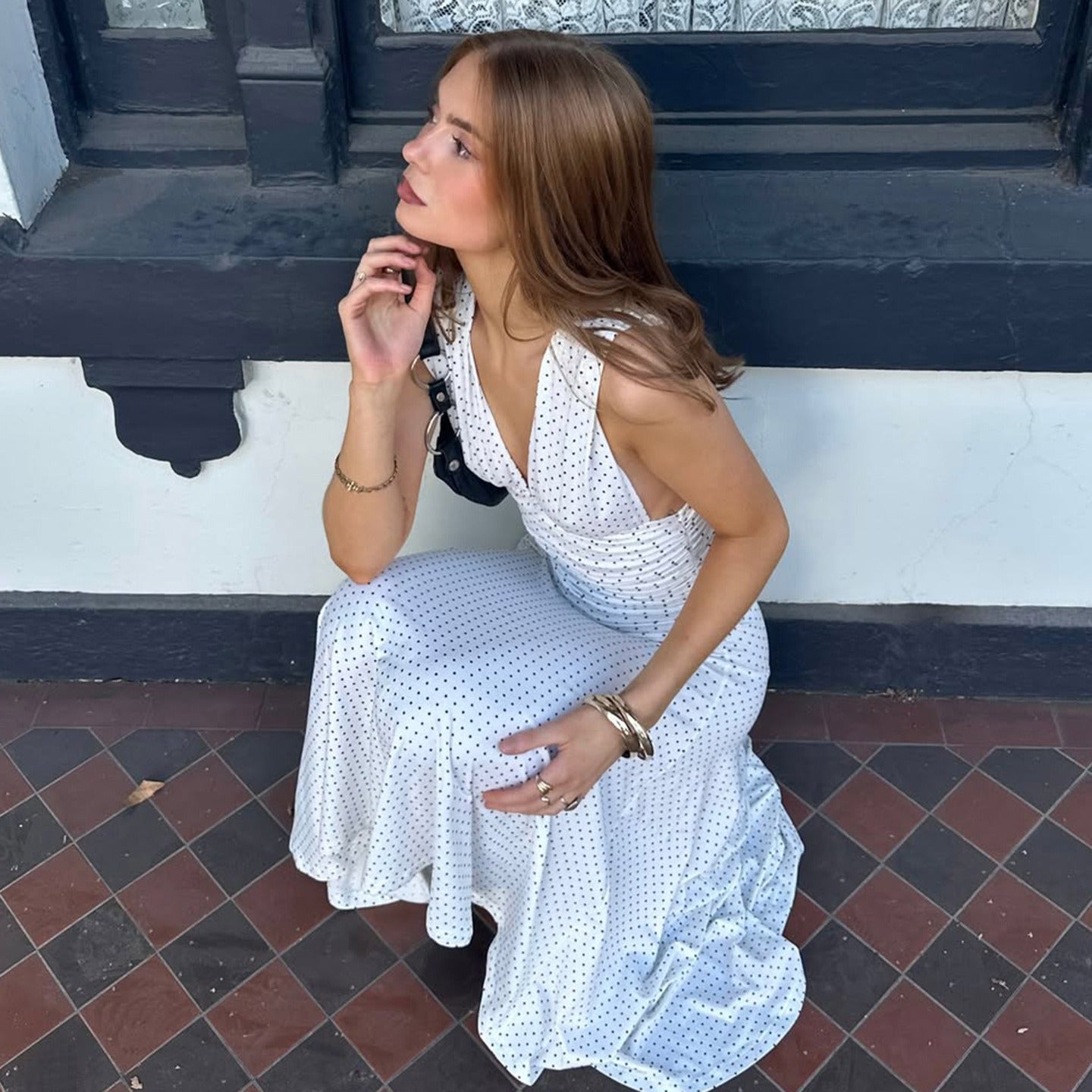 Vestido largo mujer escote cruzado estampado de lunares - Helena