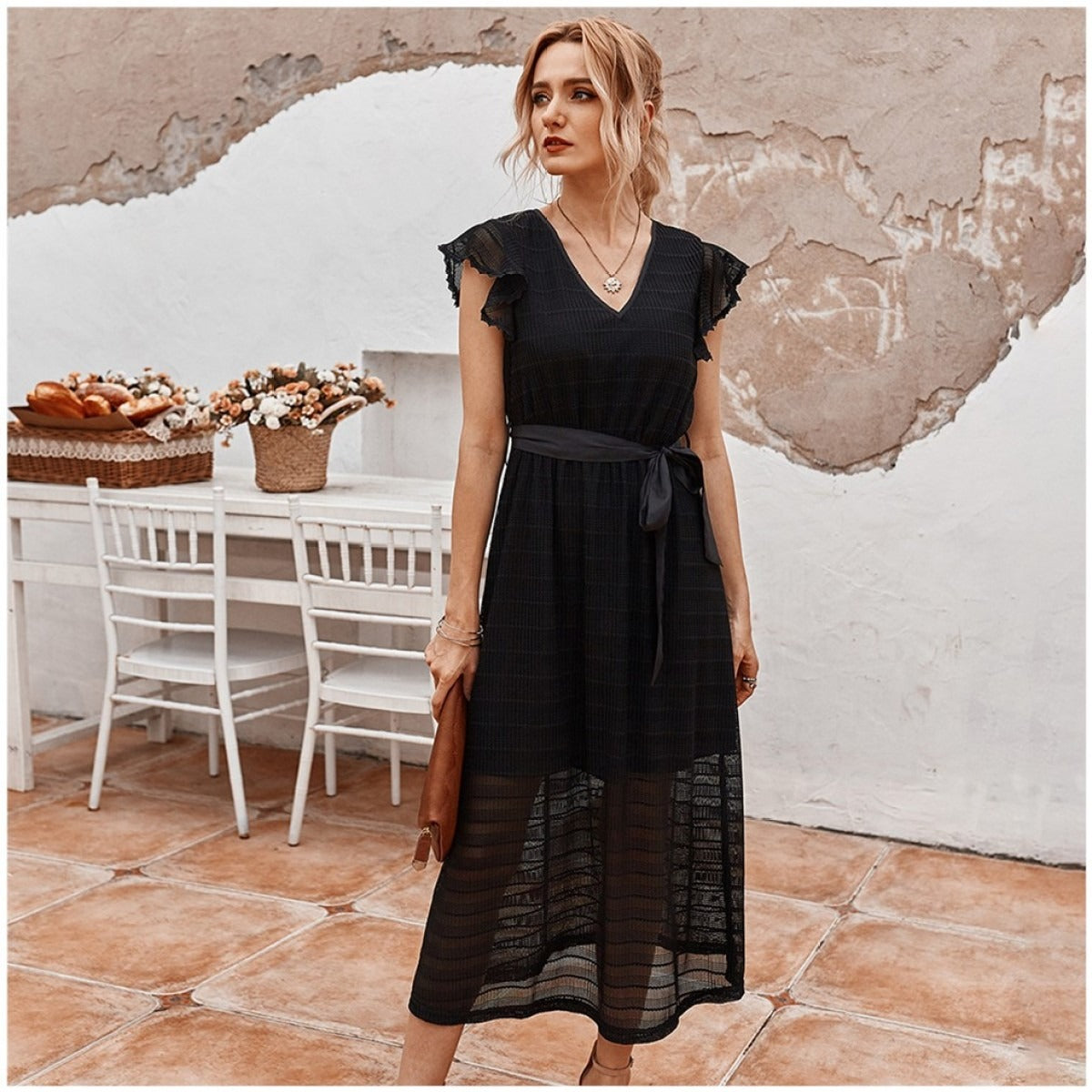 Vestido midi mujer gasa texturizada corte evasé - Adriana