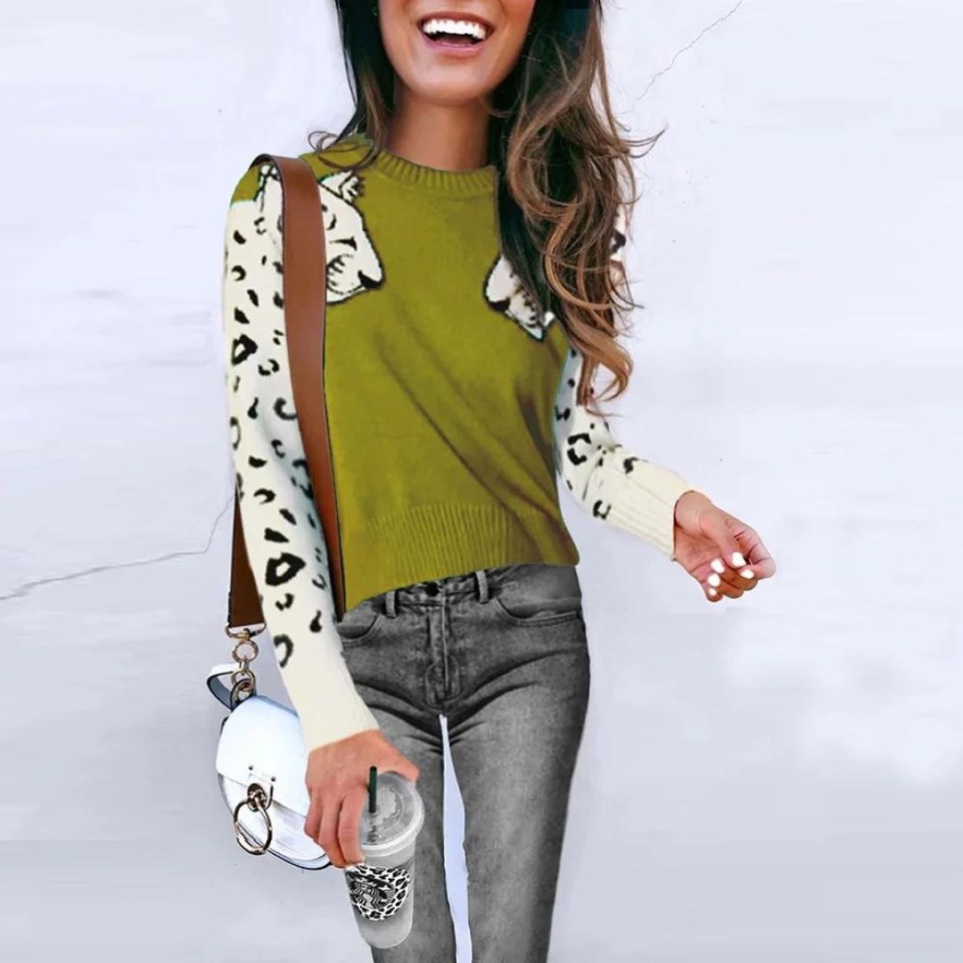 Bianca - Suéter con estampado de leopardo en las mangas en contraste de colores
