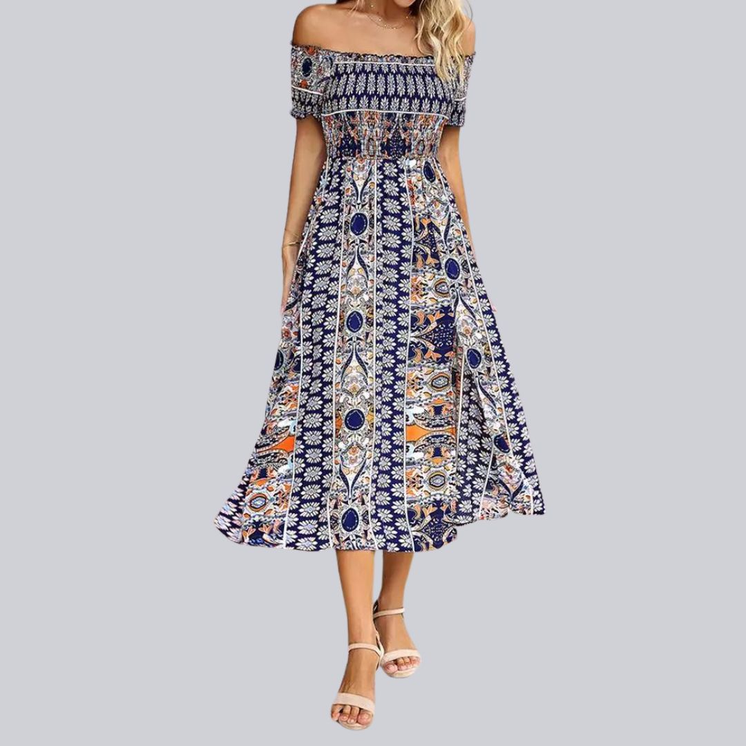 Aurora - Maxivestido boho con hombros al descubierto y volantes