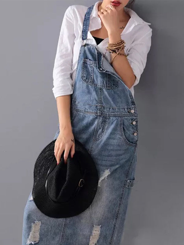 Vestido con peto en denim desgastado con abertura en la espalda - Lara