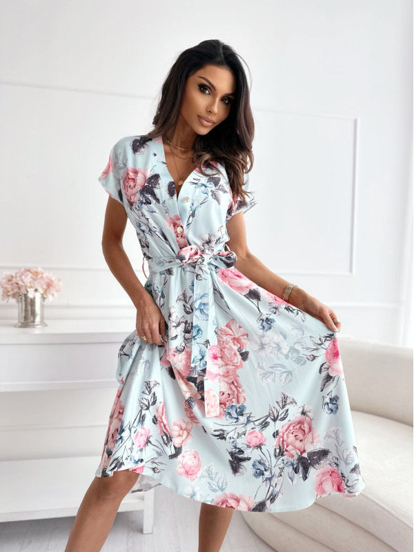 Vestido mujer estampado floral manga corta con cinturón verde - Mirella
