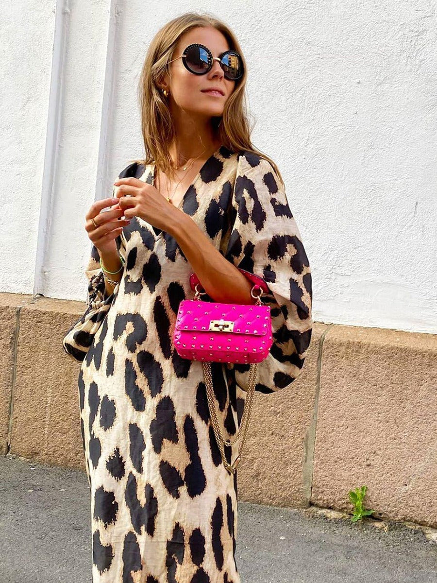 Vestido midi para mujer con estampado animal manga abullonada - Renata