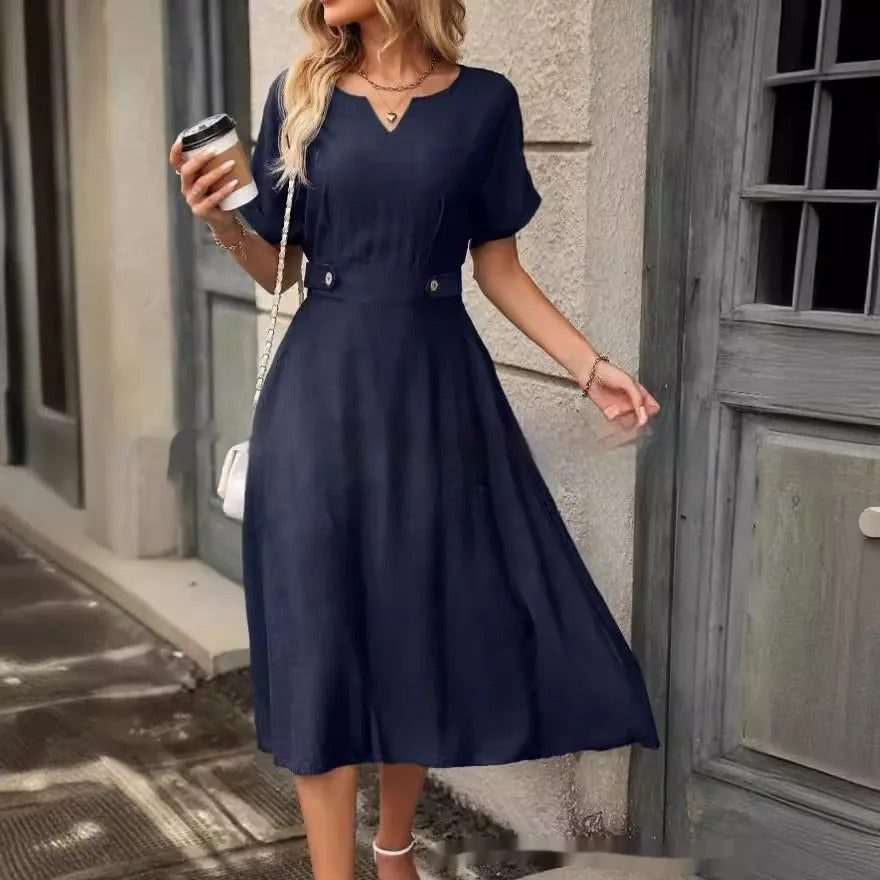Vestido midi para mujer con cintura ajustada estilo elegante fluido - Renata