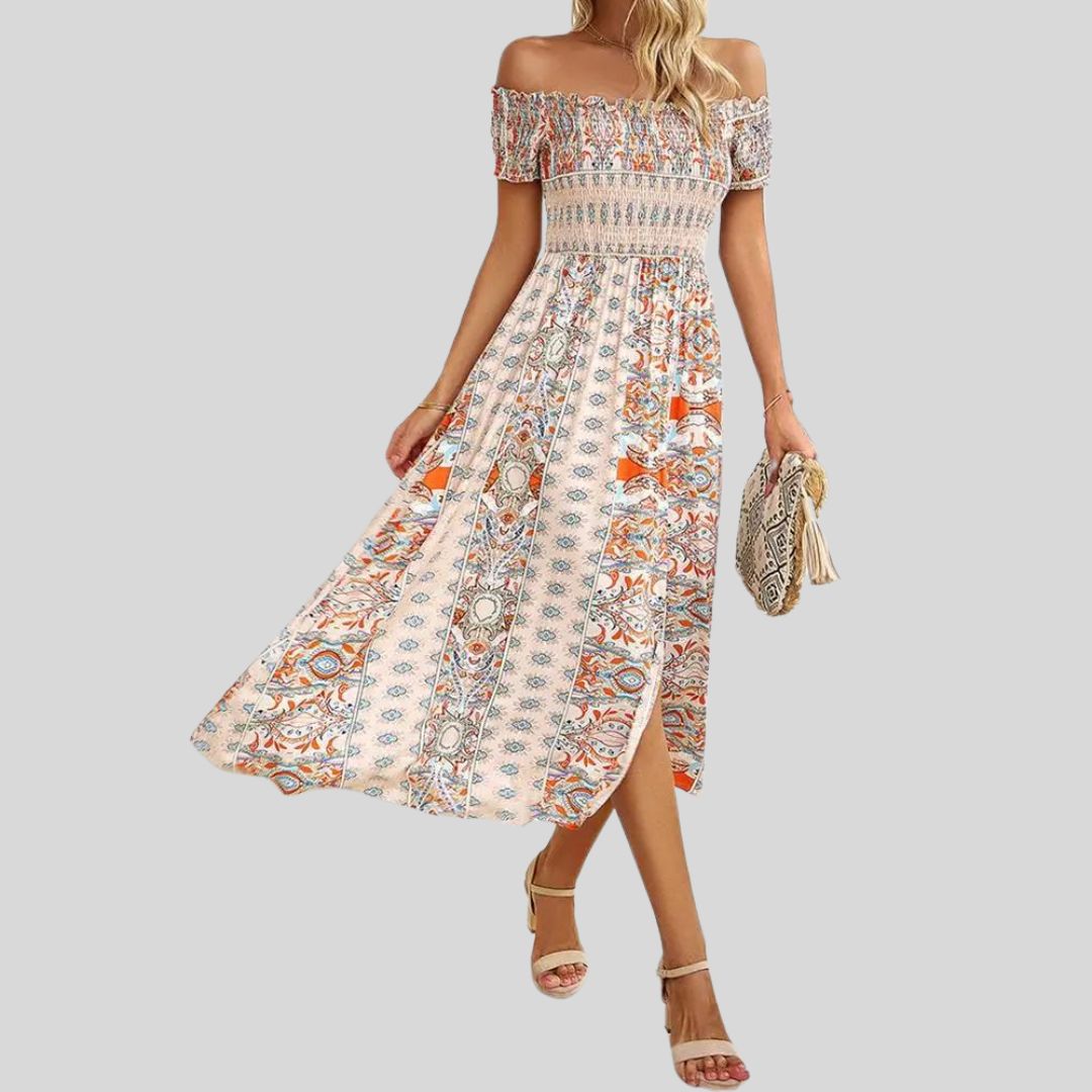 Aurora - Maxivestido boho con hombros al descubierto y volantes