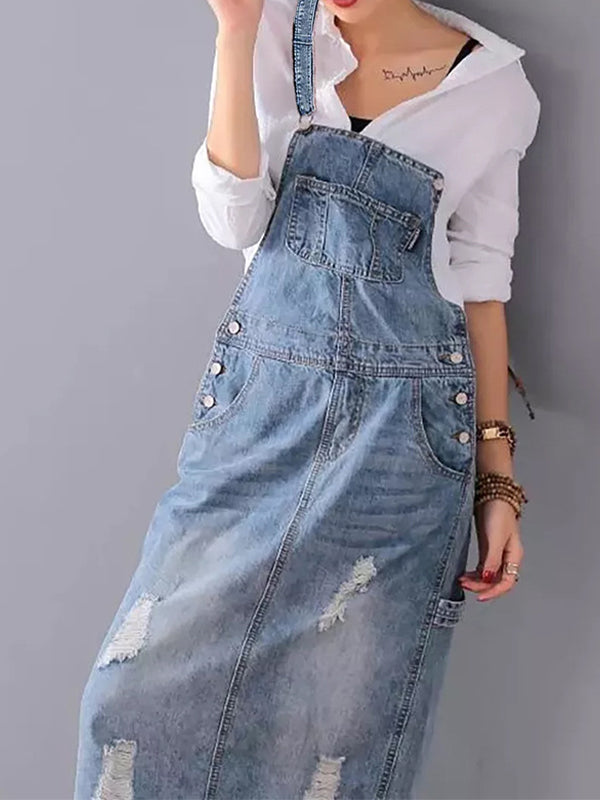 Vestido con peto en denim desgastado con abertura en la espalda - Lara