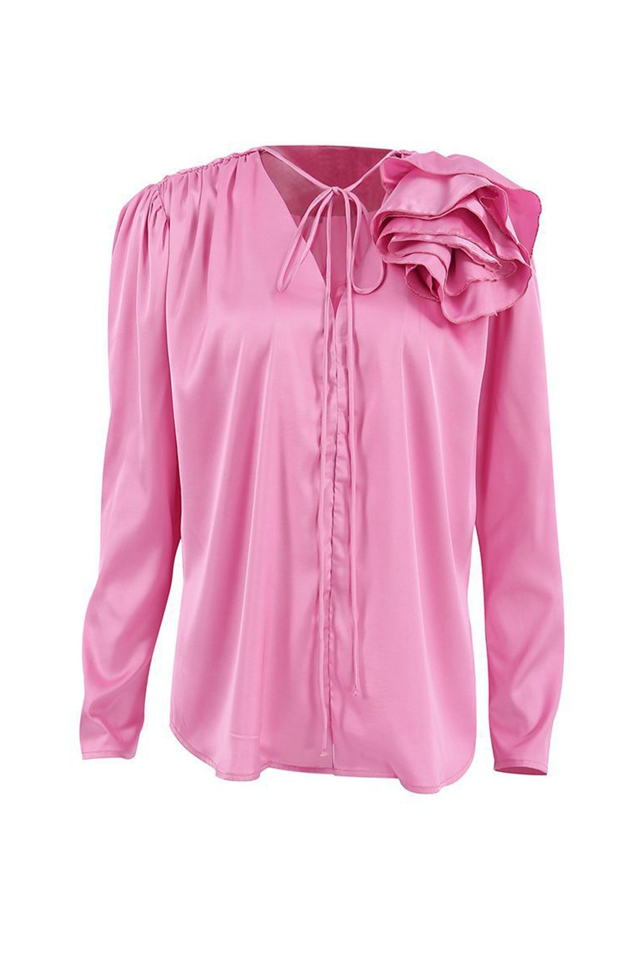 Victoria - Blusa rosa de encaje floral fruncido con cuello en V
