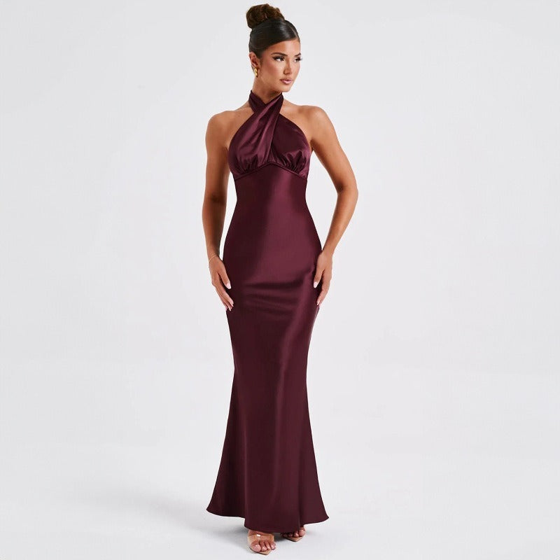 Vestido largo para mujer de satén cruzado con cuello halter - Elvira