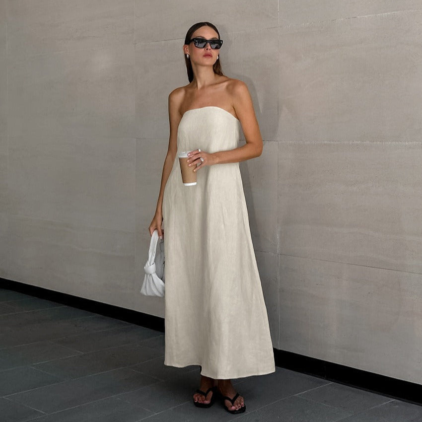 Vestido largo para mujer de lino algodón escote palabra de honor - Elodie