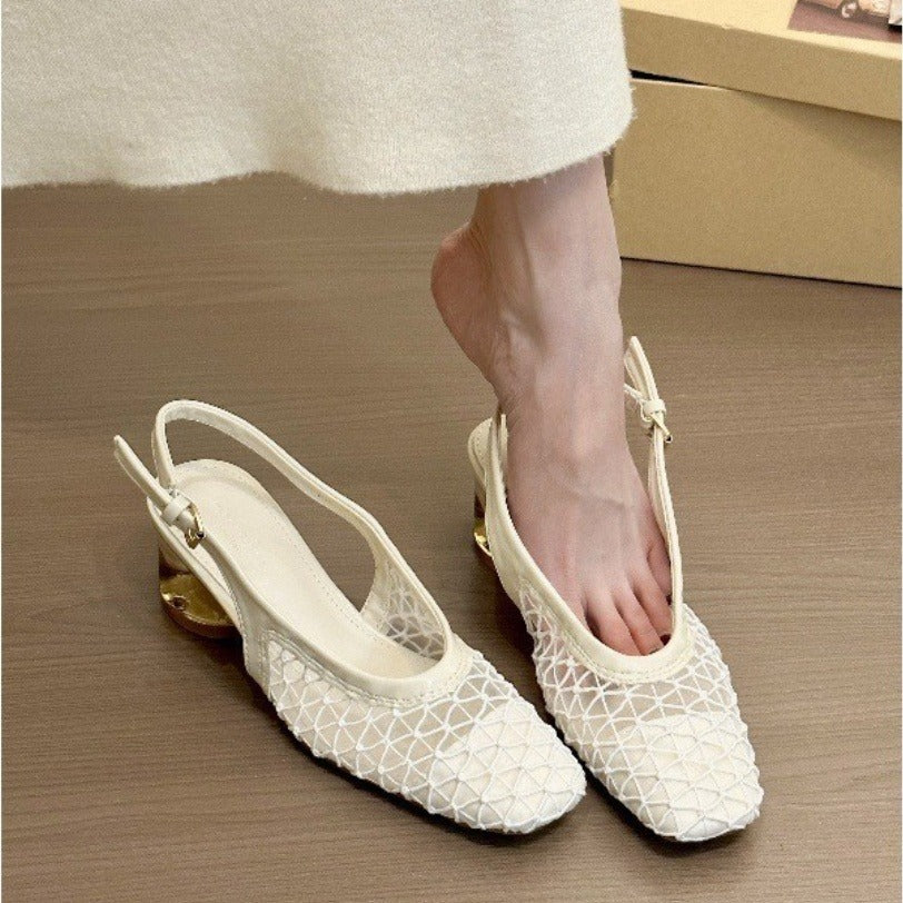 Zapatos destalonados para mujer tejido calado con tacón dorado - Aurelia
