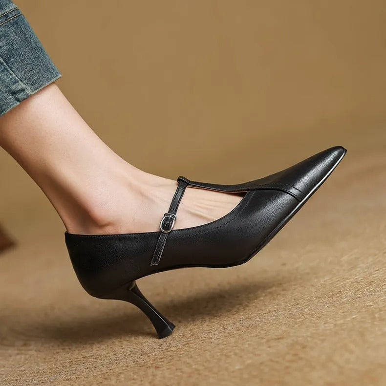 Zapatos de tacón para mujer diseño T-bar elegante acabado liso - Celestine