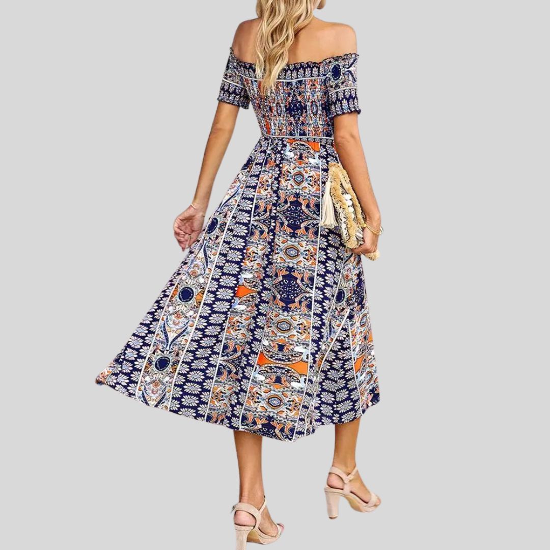 Aurora - Maxivestido boho con hombros al descubierto y volantes