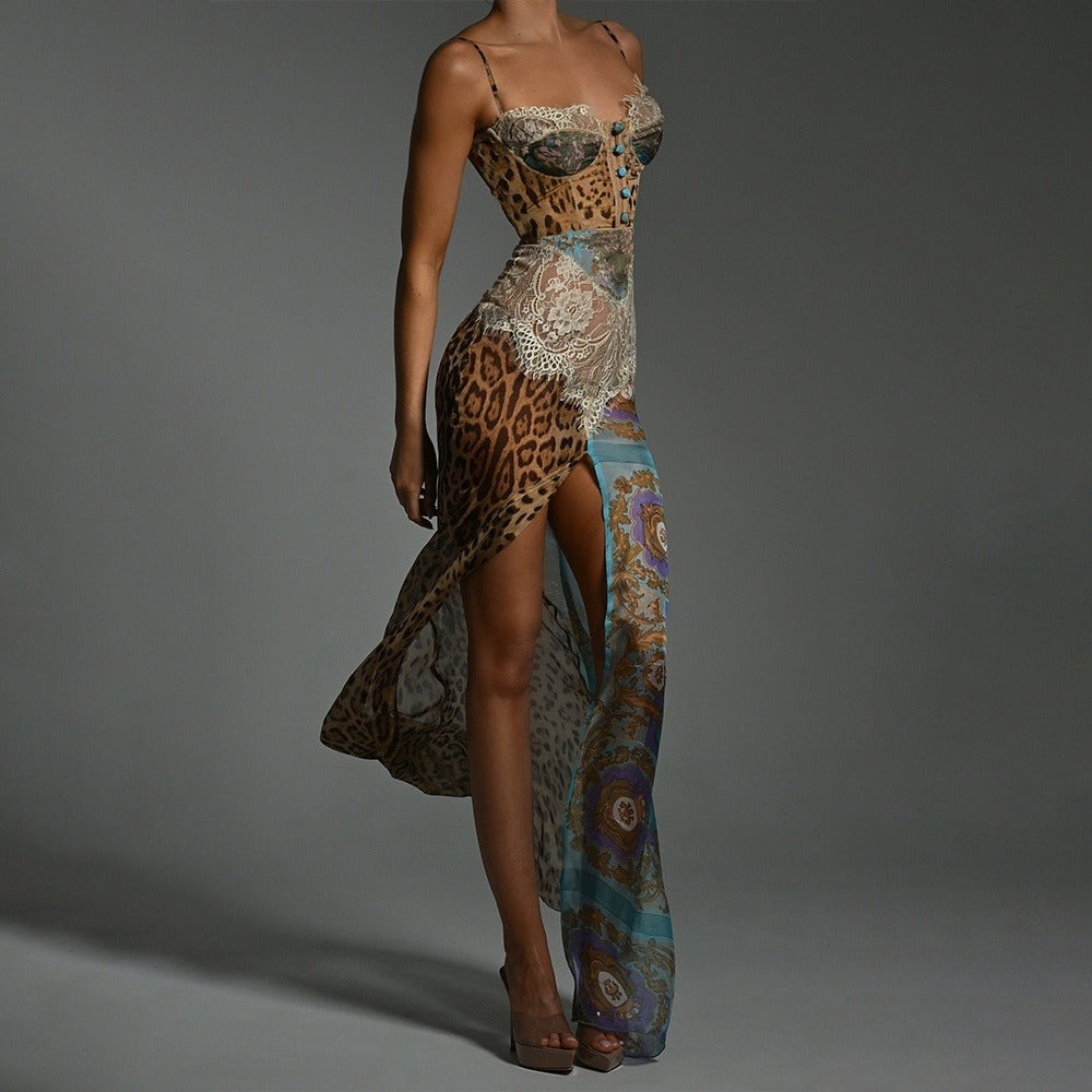 Vestido asimétrico mujer encaje y gasa estampada - Samira