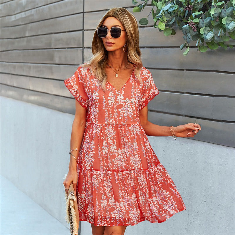 Vestido corto para mujer de gasa estampada con estilo fluido - Lorena