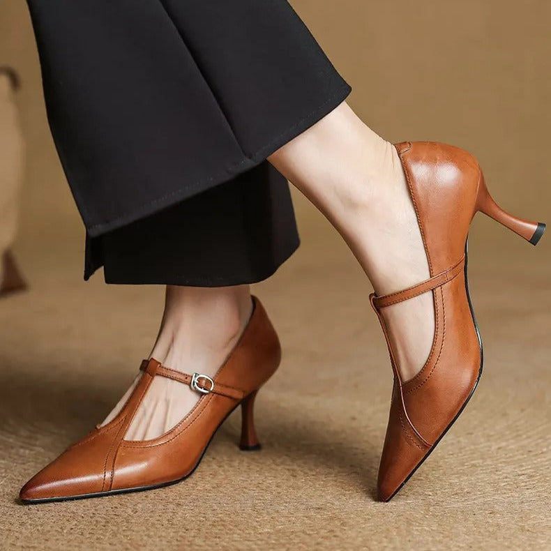 Zapatos de tacón para mujer diseño T-bar elegante acabado liso - Celestine