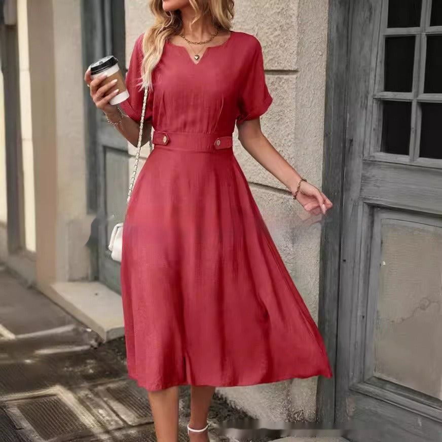 Vestido midi para mujer con cintura ajustada estilo elegante fluido - Renata