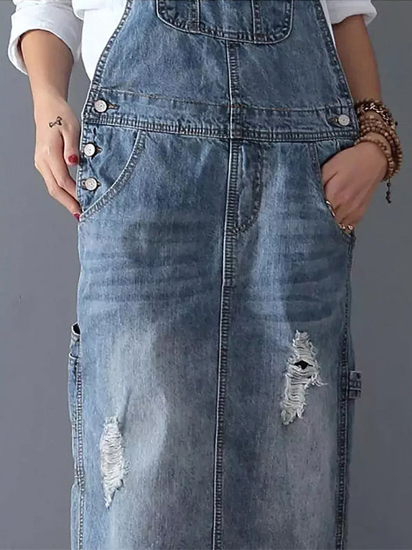 Vestido con peto en denim desgastado con abertura en la espalda - Lara