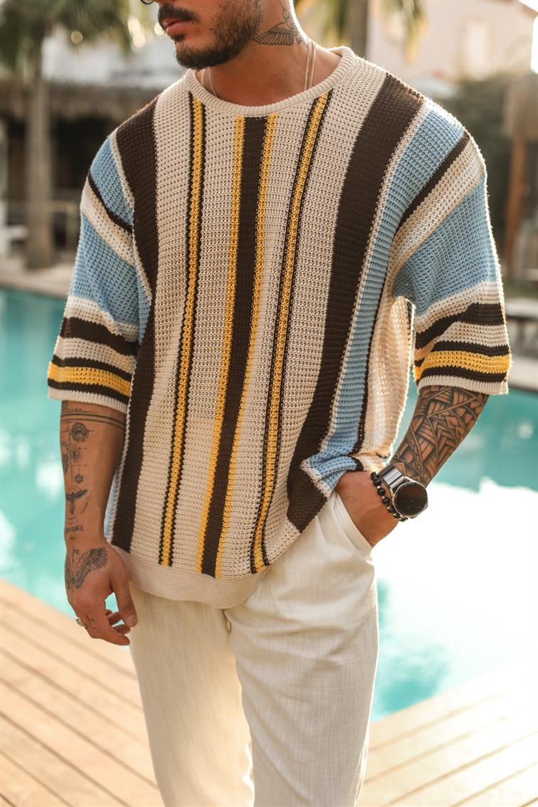 Camiseta hombre crochet calado rayas multicolor estilo veraniego - Dorian