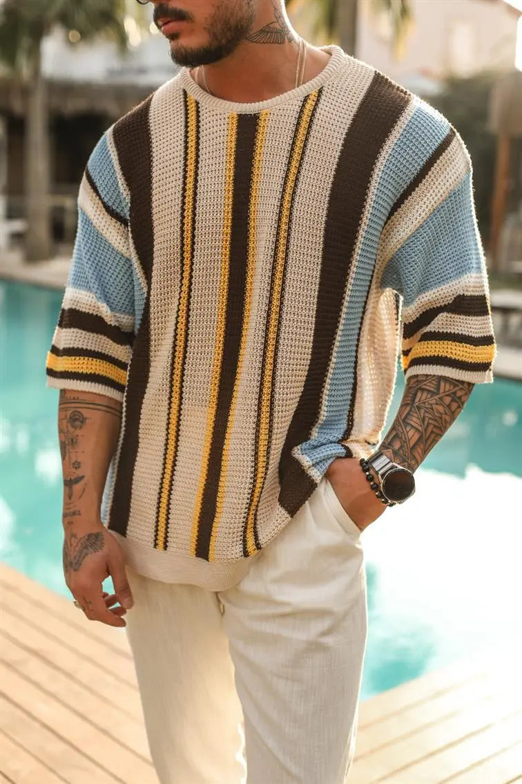 Camiseta hombre crochet calado rayas multicolor estilo veraniego - Dorian