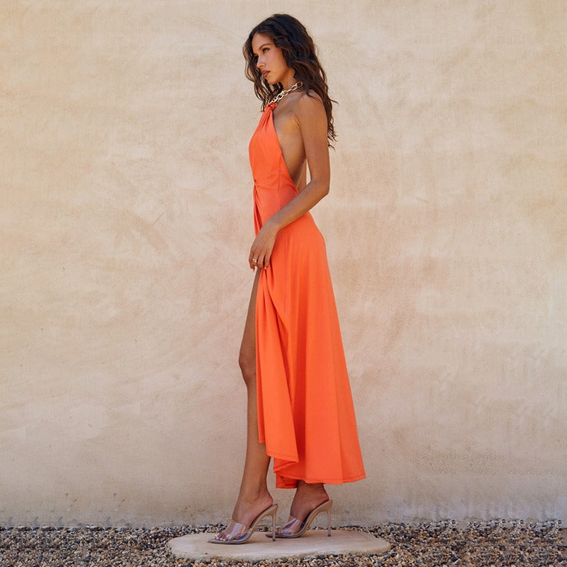 Vestido largo para mujer de escote halter con fruncido y abertura frontal - Eliana