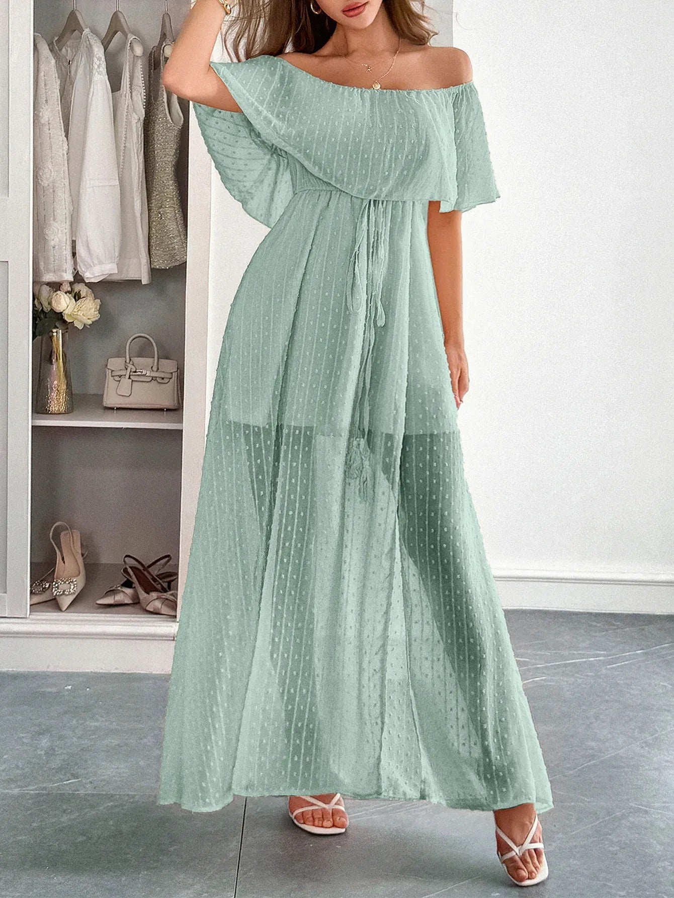 Vestido largo mujer gasa plumeti escote bardot - Julieta