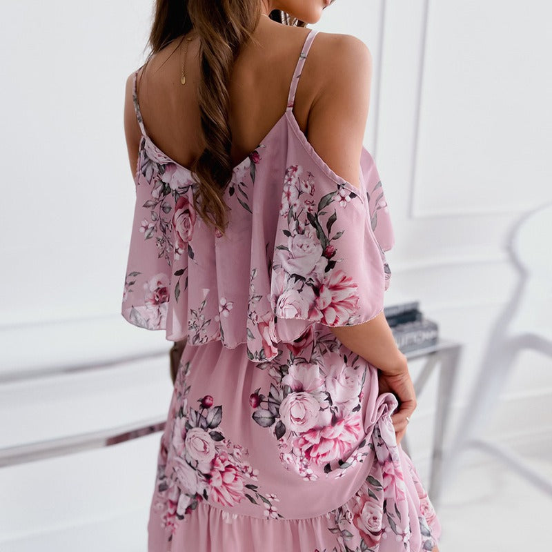 Vestido corto para mujer gasa floral con volantes y hombros descubiertos - Emilia