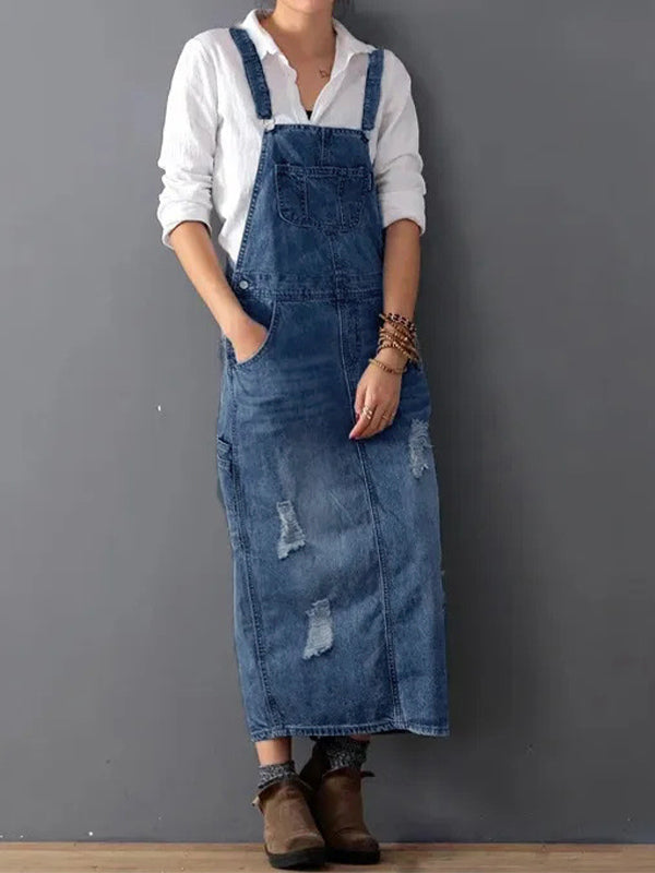 Vestido con peto en denim desgastado con abertura en la espalda - Lara