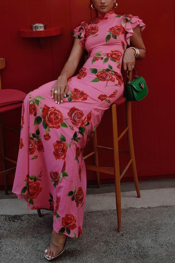 Elena - Vestido Largo con Mangas Acampanadas y Estampado Floral de Rosas