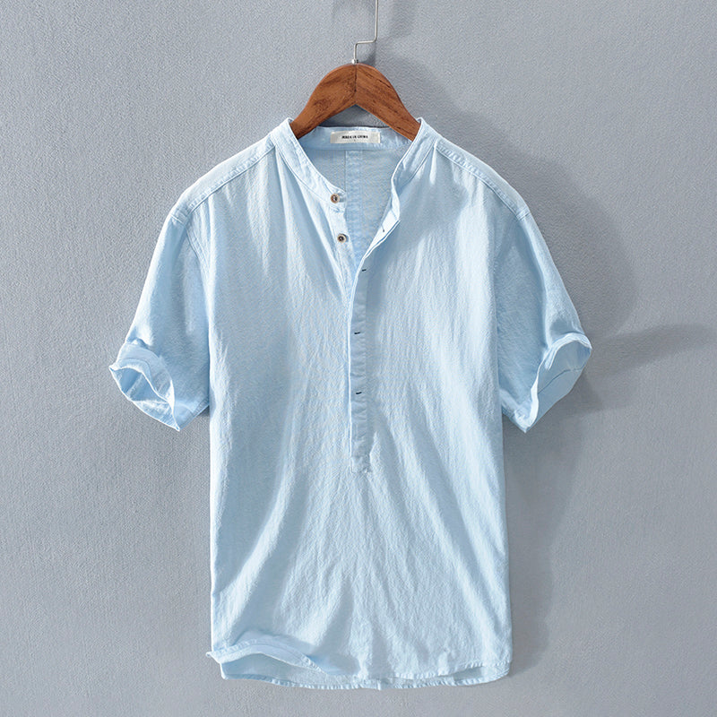 Camisa hombre estilo casual algodón lino azul cielo con botones - Elías
