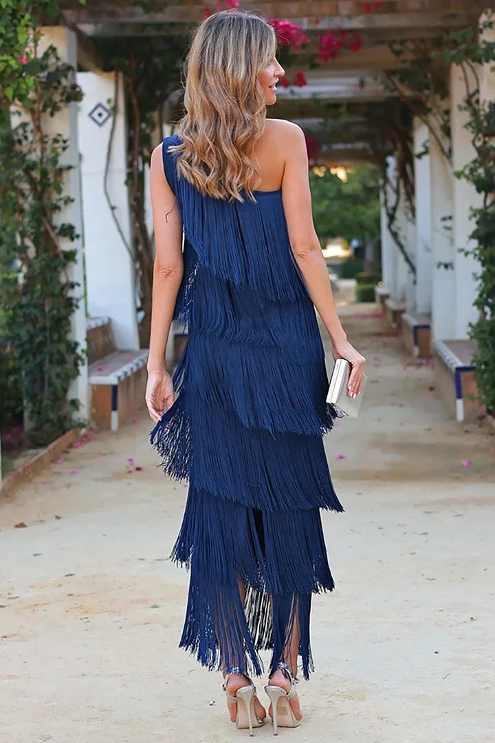 Eliza - Vestido de diseño con capas multicapa y borlas