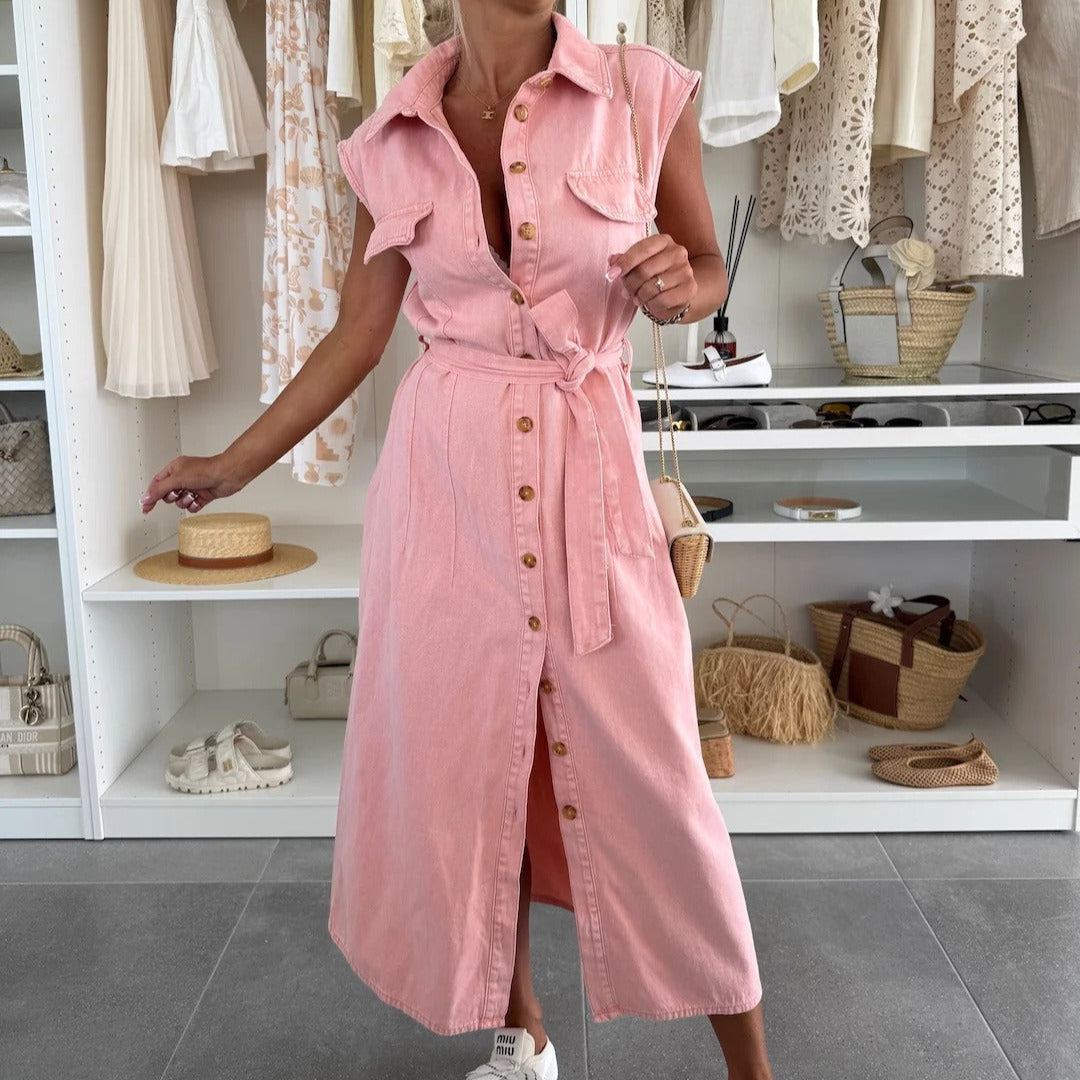 Vestido midi mujer denim sin mangas con botones y cinturón - Estelle