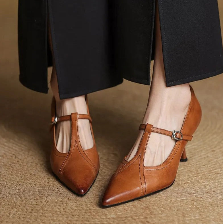 Zapatos de tacón para mujer diseño T-bar elegante acabado liso - Celestine