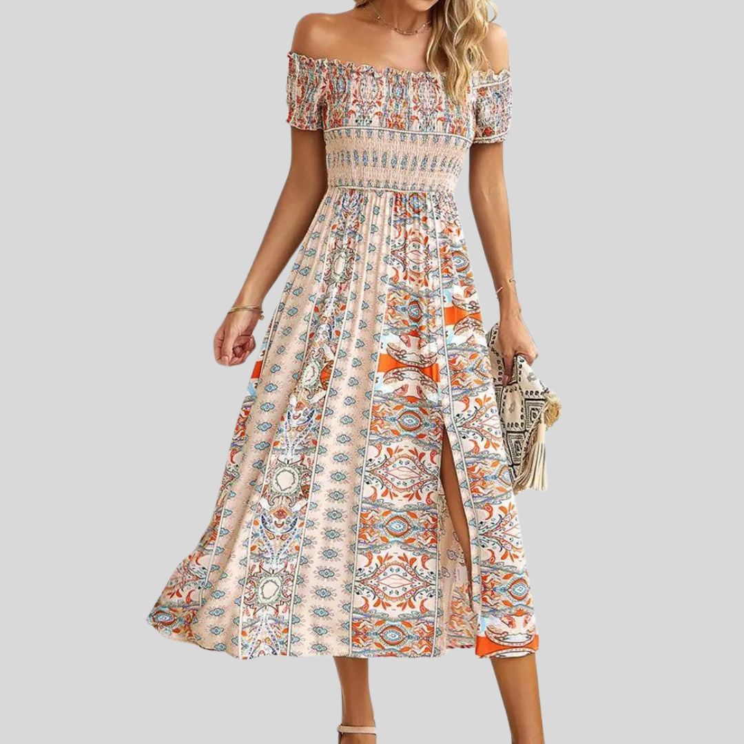 Aurora - Maxivestido boho con hombros al descubierto y volantes