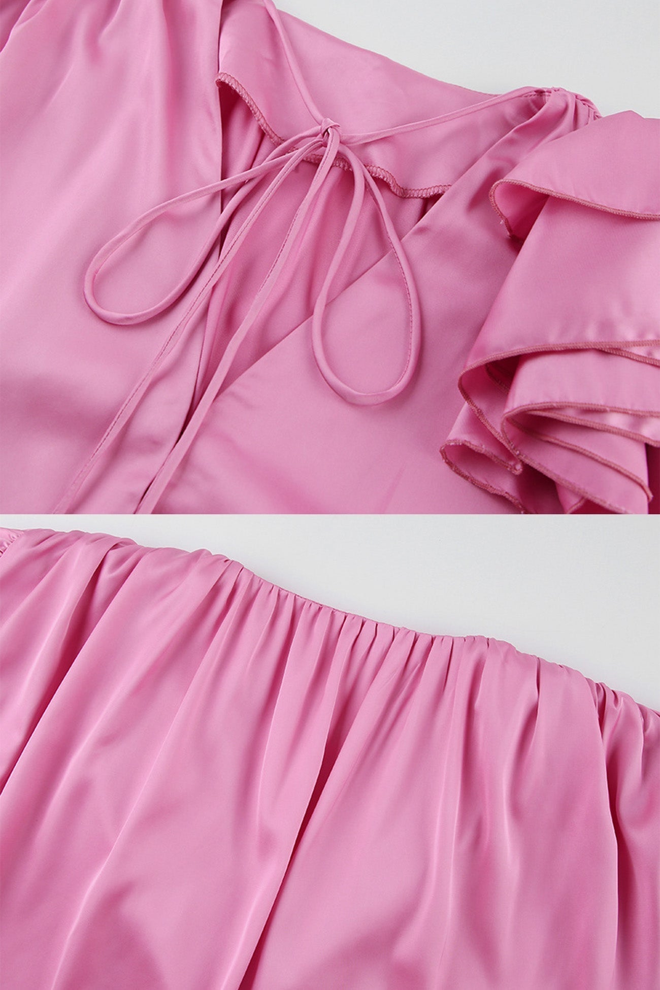 Victoria - Blusa rosa de encaje floral fruncido con cuello en V