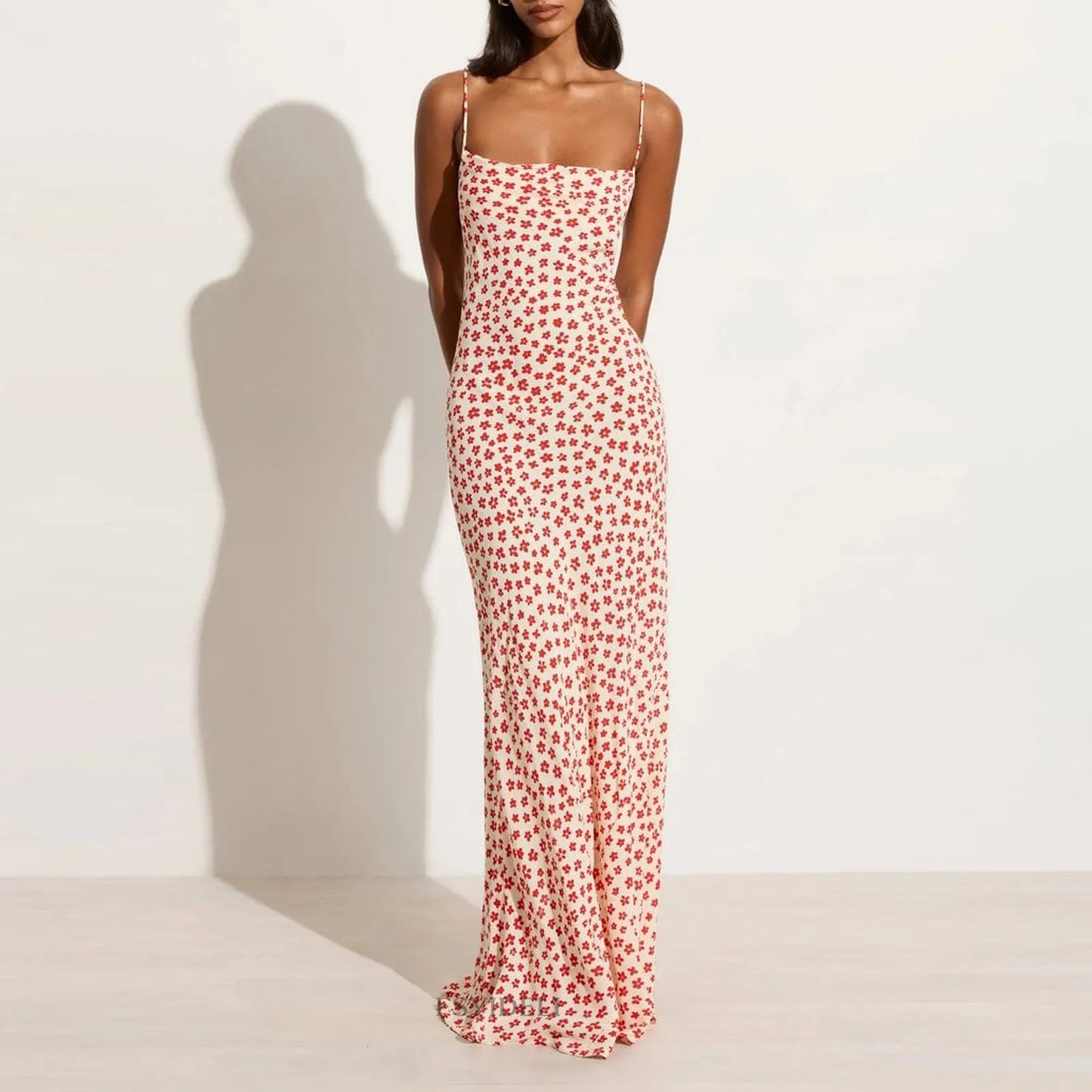 Lenay - Vestido largo de tirantes con estampado floral cruzado y fluido