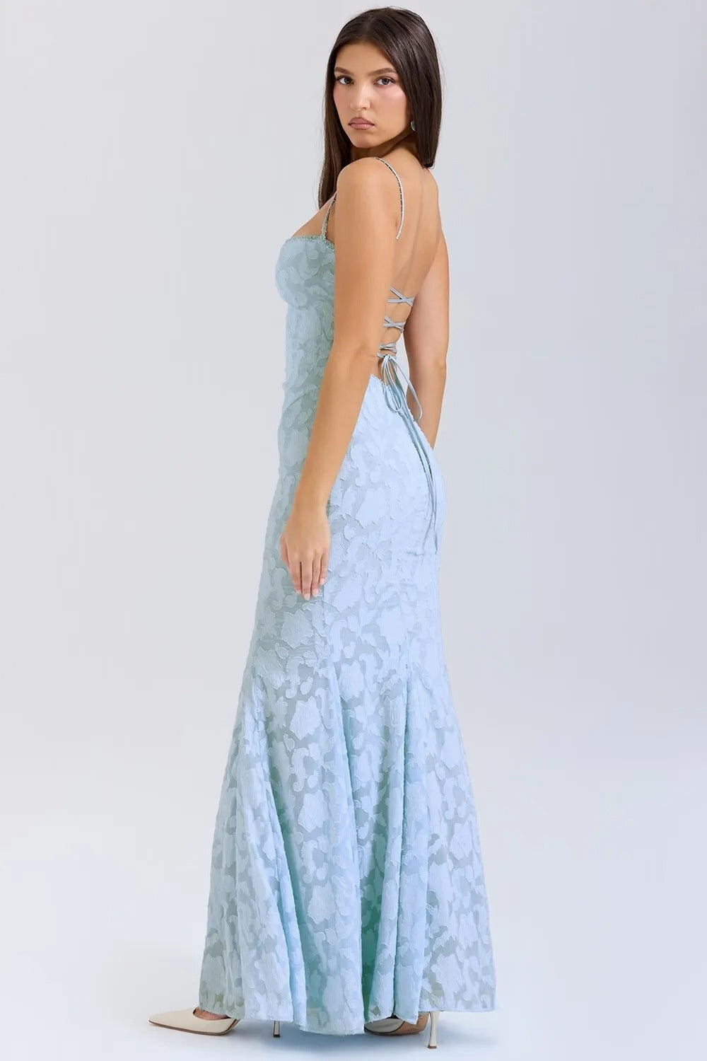 Vestido largo mujer tirantes encaje efecto sirena amarillo elegante - Aurélie