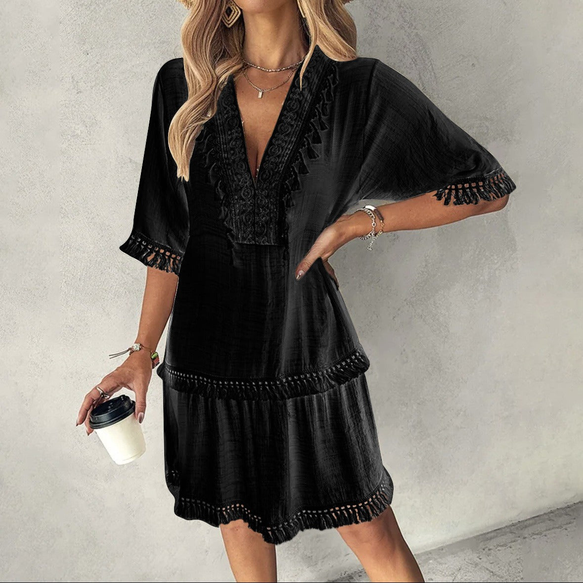 Vestido mujer bohemio bordado con borlas blanco marfil - Isadora