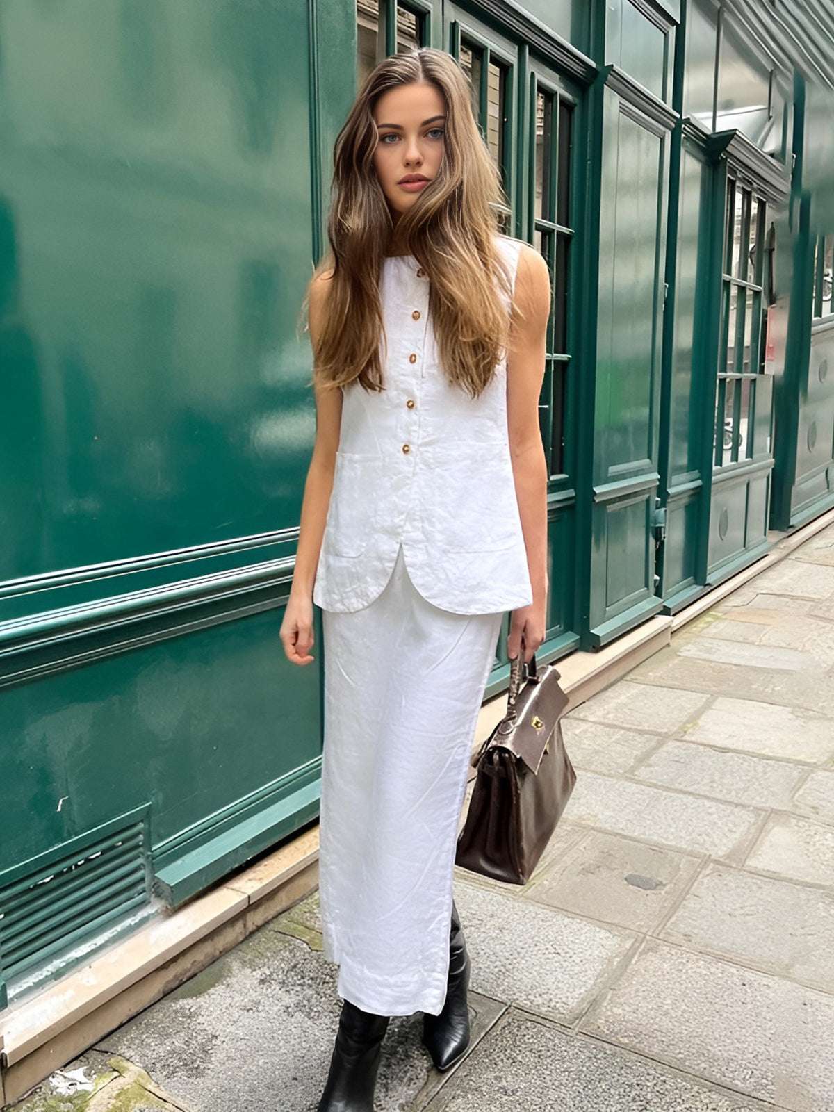 Xiomara - Conjunto Falda Cuello Cuadrado Blanco Chic